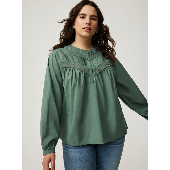Torrid 1X Henley Blouse Top Embroidery Frock Green Cottage Preppy Peasant Cotton - Picture 1 of 7